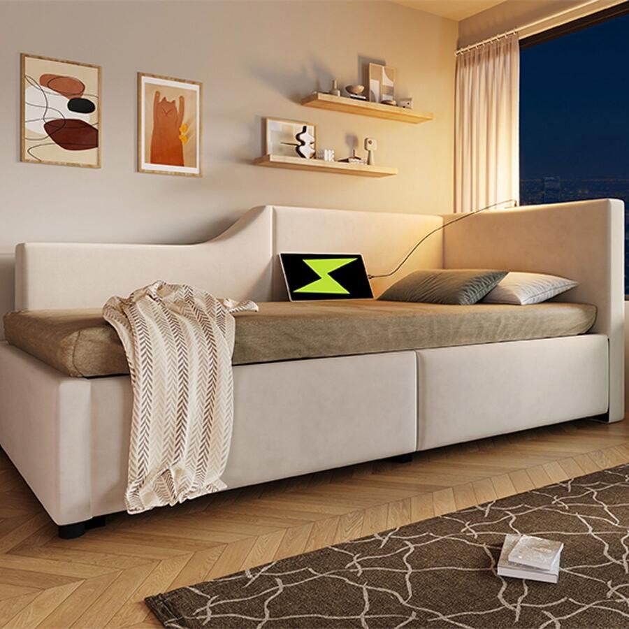 KOMHTOM Eenpersoonsbed Volwassen hydraulisch bed Kinderbed 90x200 met opbergruimte met leeslampje Fluweel Beige