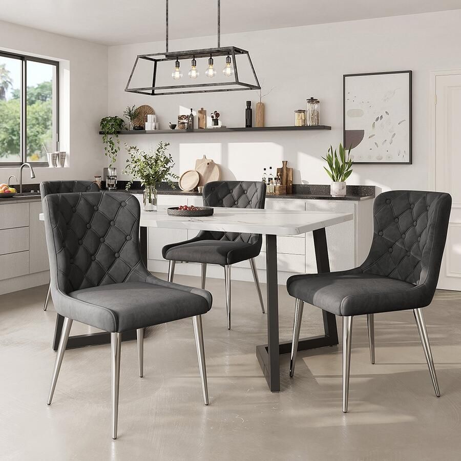 KOMHTOM Eetkamerstoel Set van 5 Eetkamer Tafel 117x68 cm met 4 stoel zilveren roestvrijstalen stoelpoten Donkergrijze