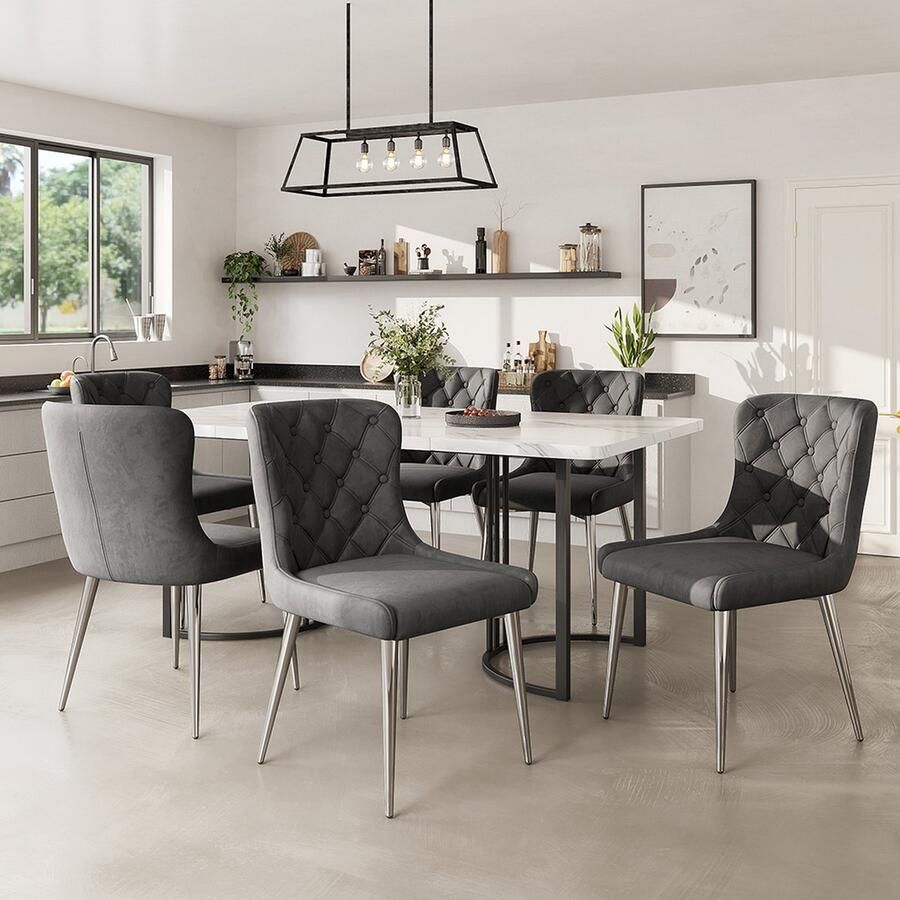 KOMHTOM Eetkamerstoel 6st met fluwelen bekleding Ergonomische stoel Roestvrij stoelpoten Donkergrijs