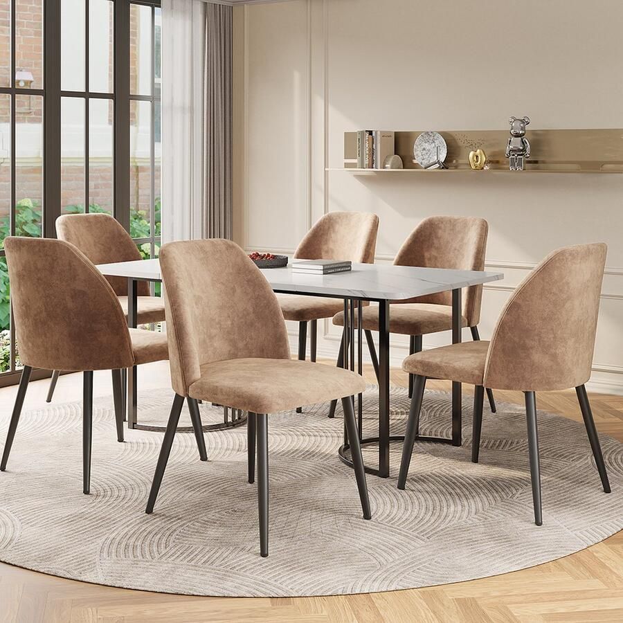 KOMHTOM Eetkamerstoel Set van 7 Eetkamer Tafel 140x80cm MDF tafelblad met 6 stoel met rugleuning Lichtbruin stoel