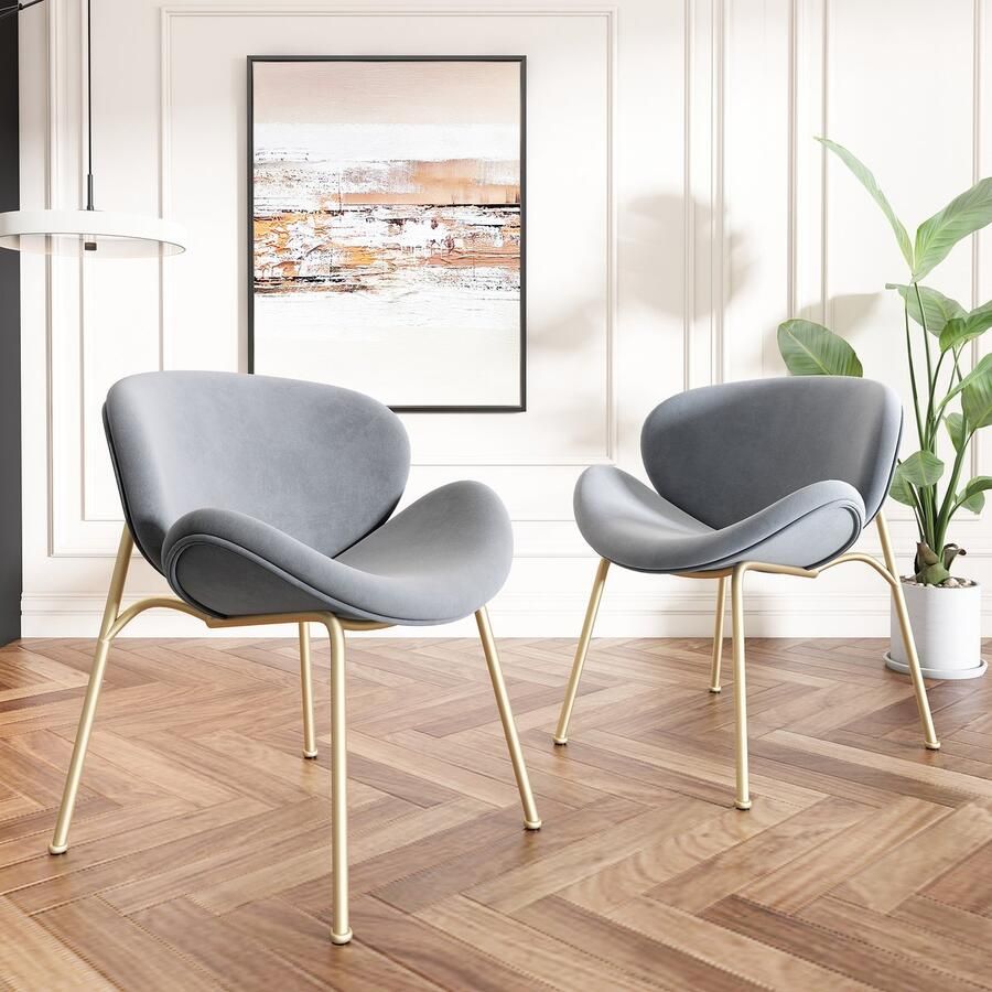 KOMHTOM Eetkamerstoel set 2 Stoel met vier goudkleurige metalen steunpoten Fluwelen grijs