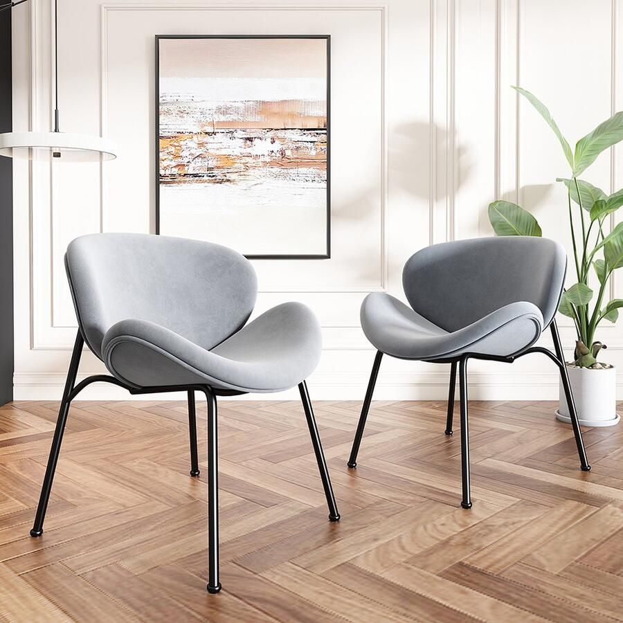 KOMHTOM Eetkamerstoel set 6 Stoel met vier zwarte metalen steunpoten Fluwelen grijs