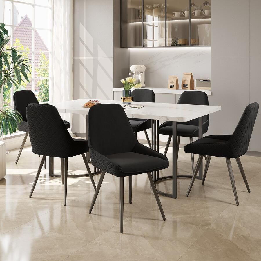 KOMHTOM Eetkamerstoel Set van 6 woonkamer keukenstoel ergonomische stoel metalen stoelpoten zwart