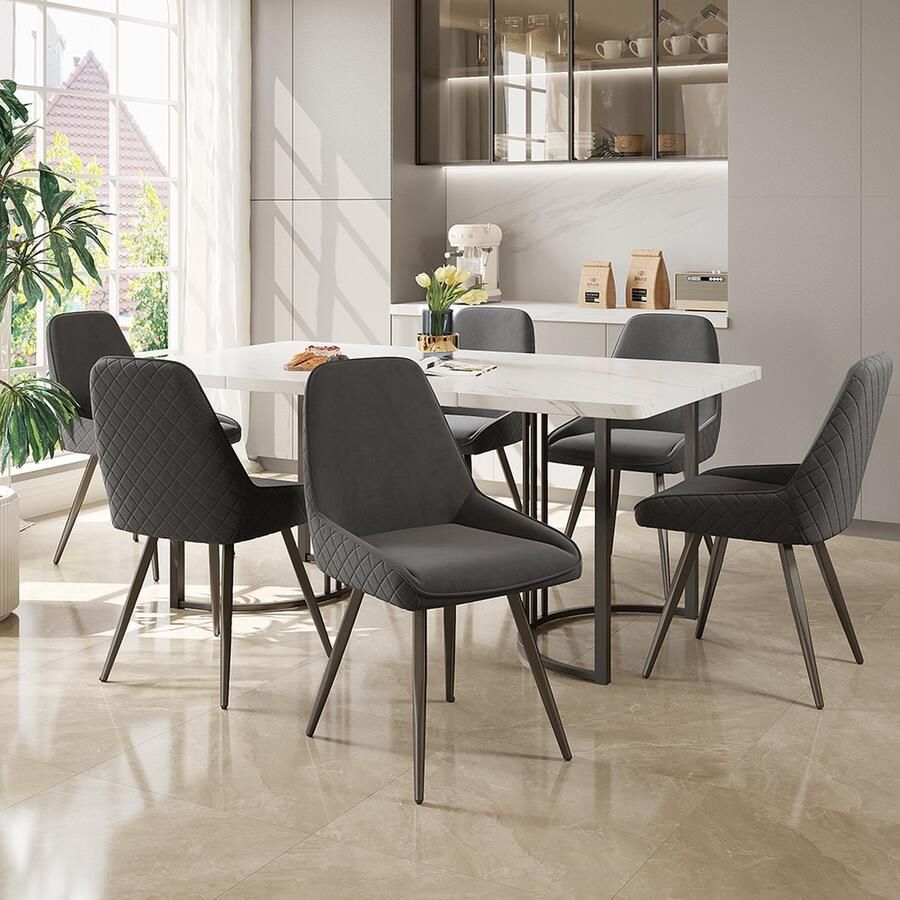 KOMHTOM Eetkamerstoel Set van 7 Keukentafel 140x80cm met 6 Stoel met rugleuning moderne donkergrijz