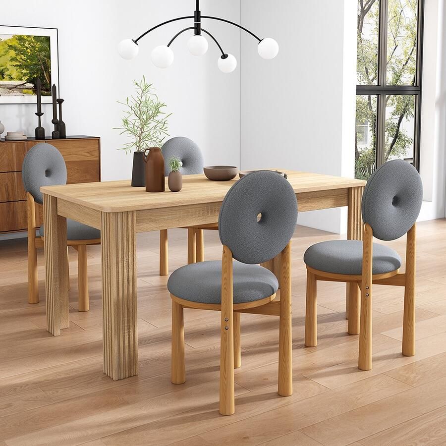 KOMHTOM Eetkamerstoel set van 4 donut stoel eetkamerstoel vier rubberhouten poten rond kussen en rugleuning ontwerp sherpa stof grijs