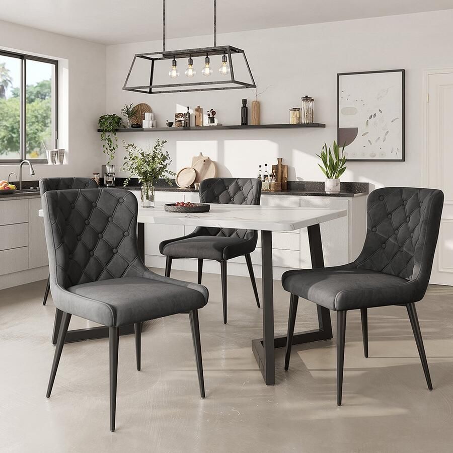 KOMHTOM Eetkamerstoel Set van 5 Eetkamer Tafel 117x68 cm met 4 stoel zwarte ijzeren stoelpoten Donkergrijze