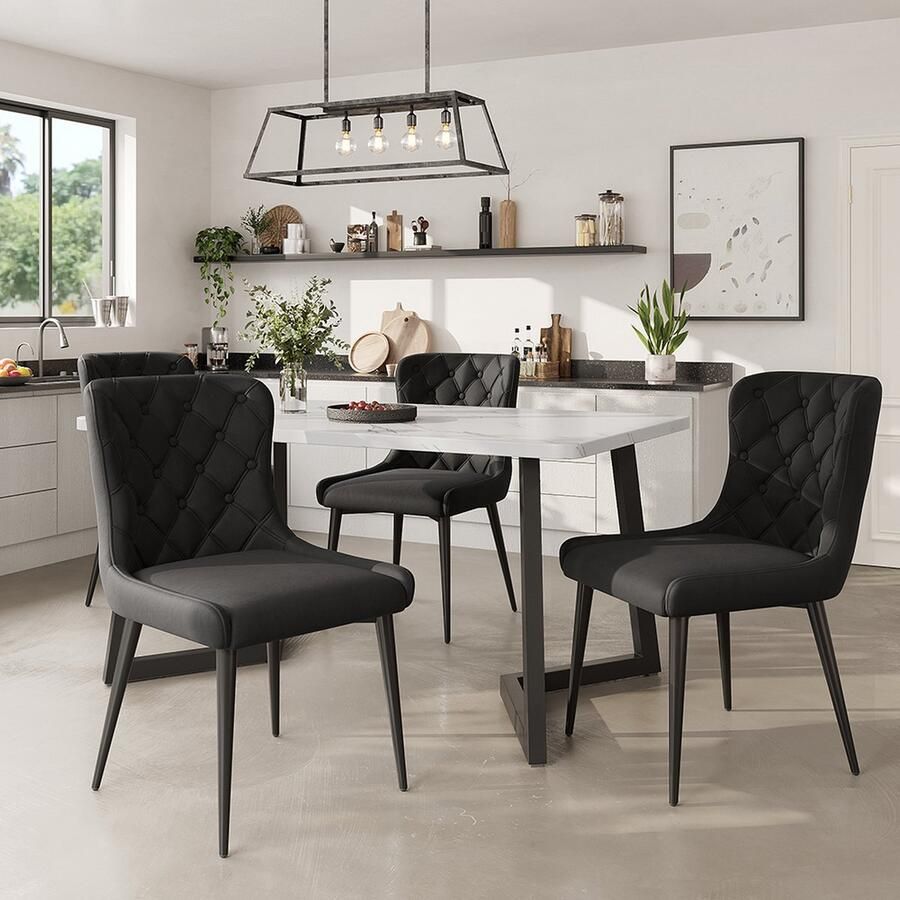 KOMHTOM Eetkamerstoel Set van 5 Eetkamer Tafel 117x68 cm met 4 stoel zwarte ijzeren stoelpoten Zwart