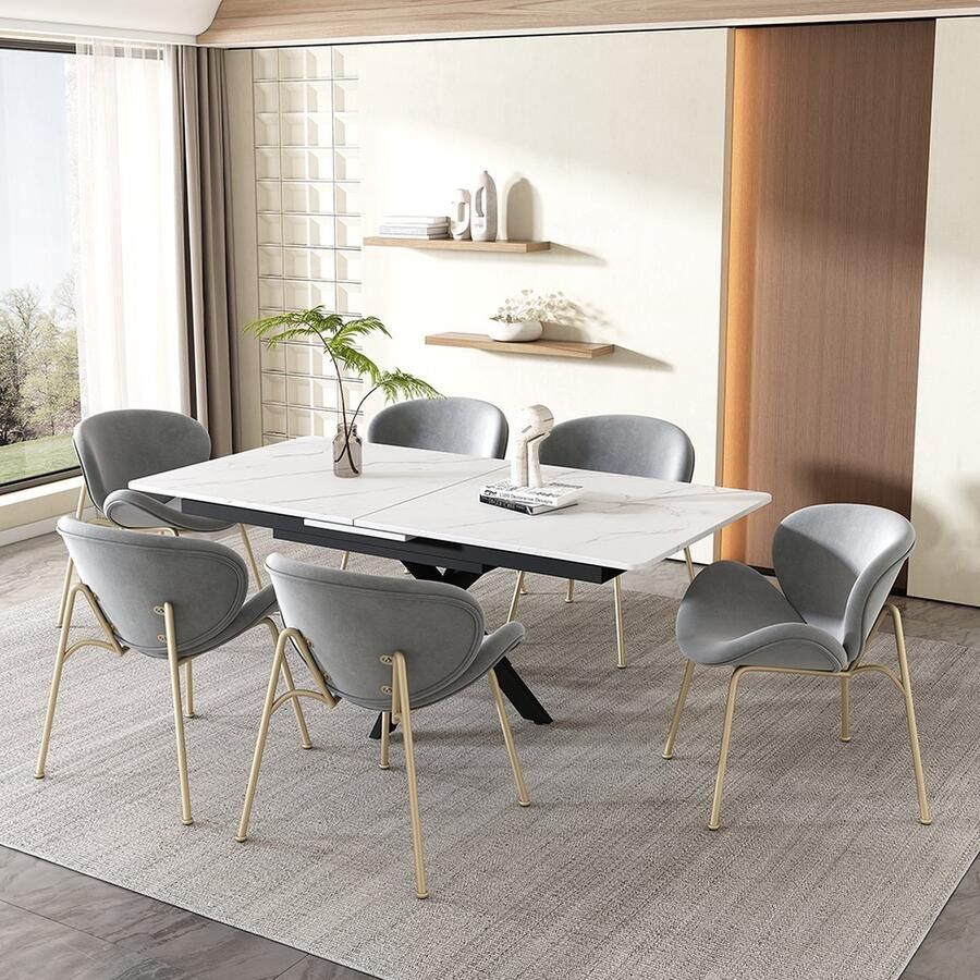 KOMHTOM Eetkamerstoel set van 6 lounge stoel met vier goudkleurige metalen steunpoten Fluwelen grijs