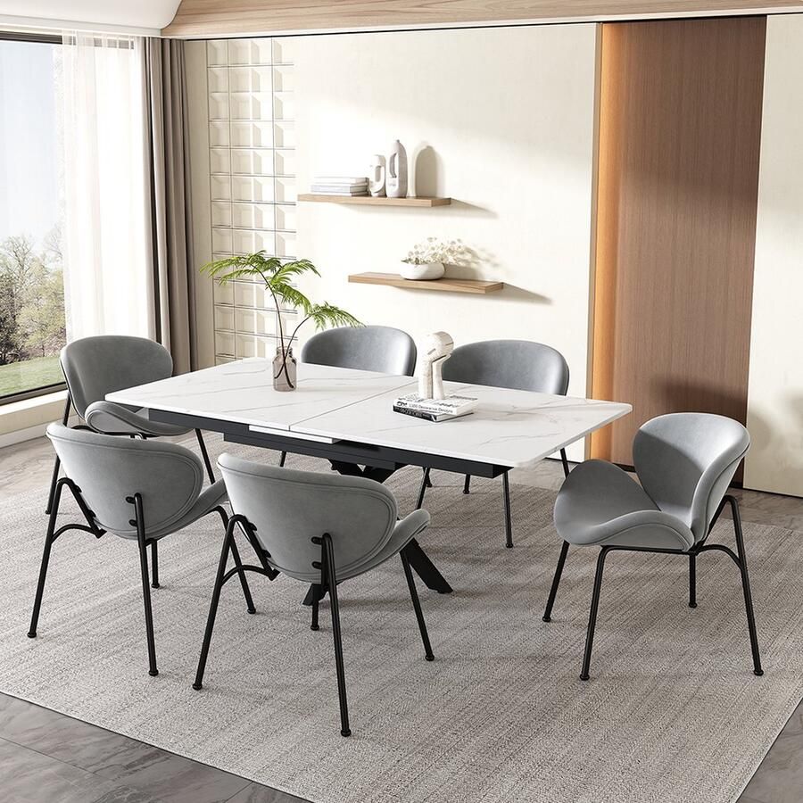 KOMHTOM Eetkamerstoel set van 6 lounge stoel met vier zwarte metalen steunpoten Fluwelen grijs