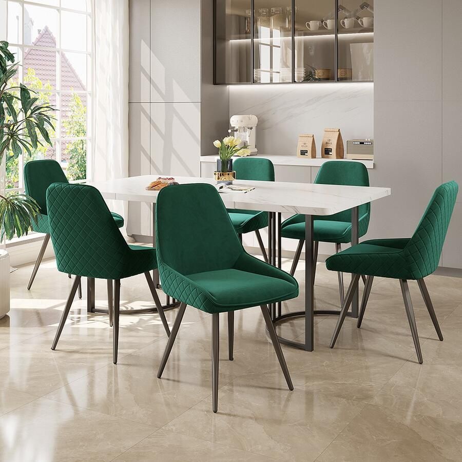 KOMHTOM Eetkamerstoel Set van 6 woonkamer keukenstoel ergonomische stoel metalen stoelpoten donkergroen