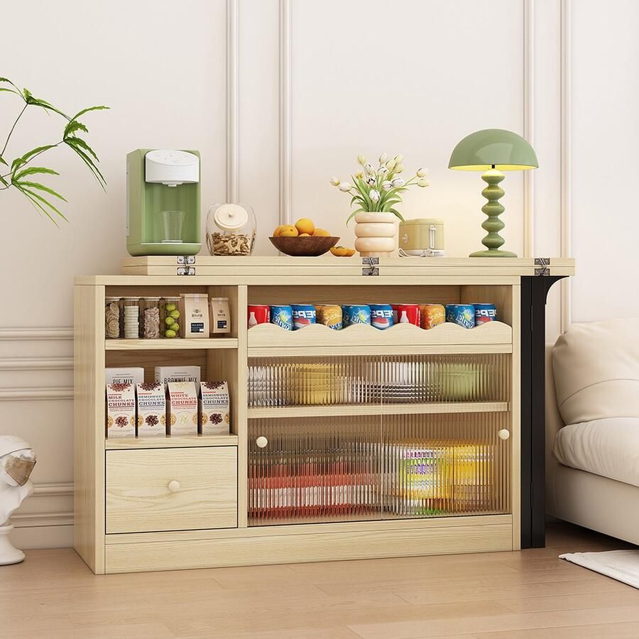 KOMHTOM Eettafel Uitschuifbare tafel met opbergruimte mobiele eettafel met grote opbergruimte 360掳draaibaar natuurlijk