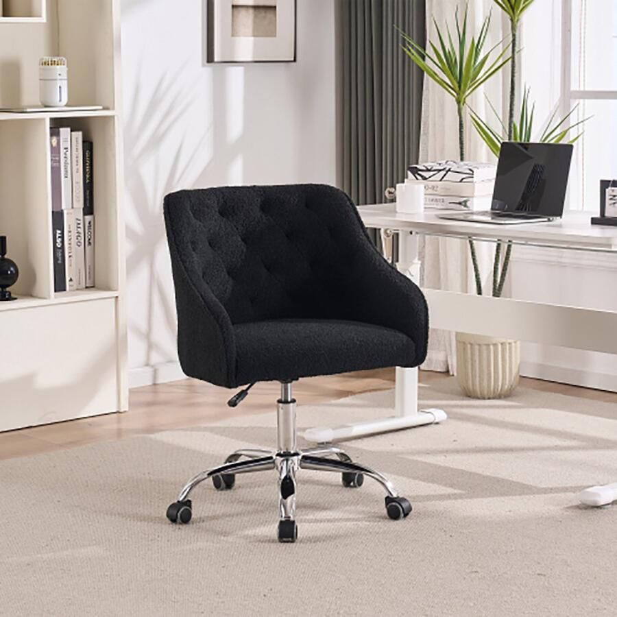 KOMHTOM Fauteuil Teddy 360° draaibare computerstoel met wieltjes fluwelen zwart