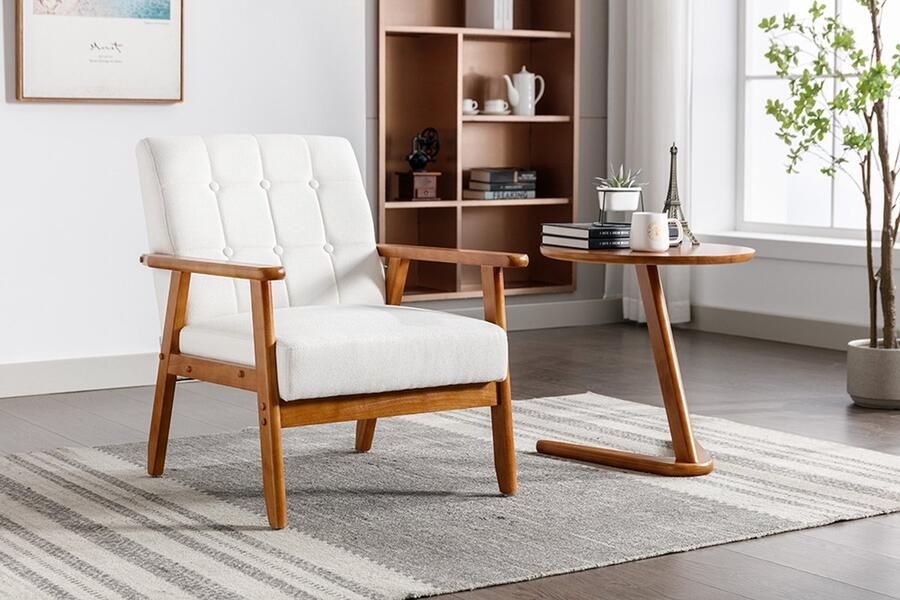 KOMHTOM Fauteuil Vrijetijdsstoel met armleuningen en massief houten poten bijzetstoel voor de woonkamer slaapkamer Beige