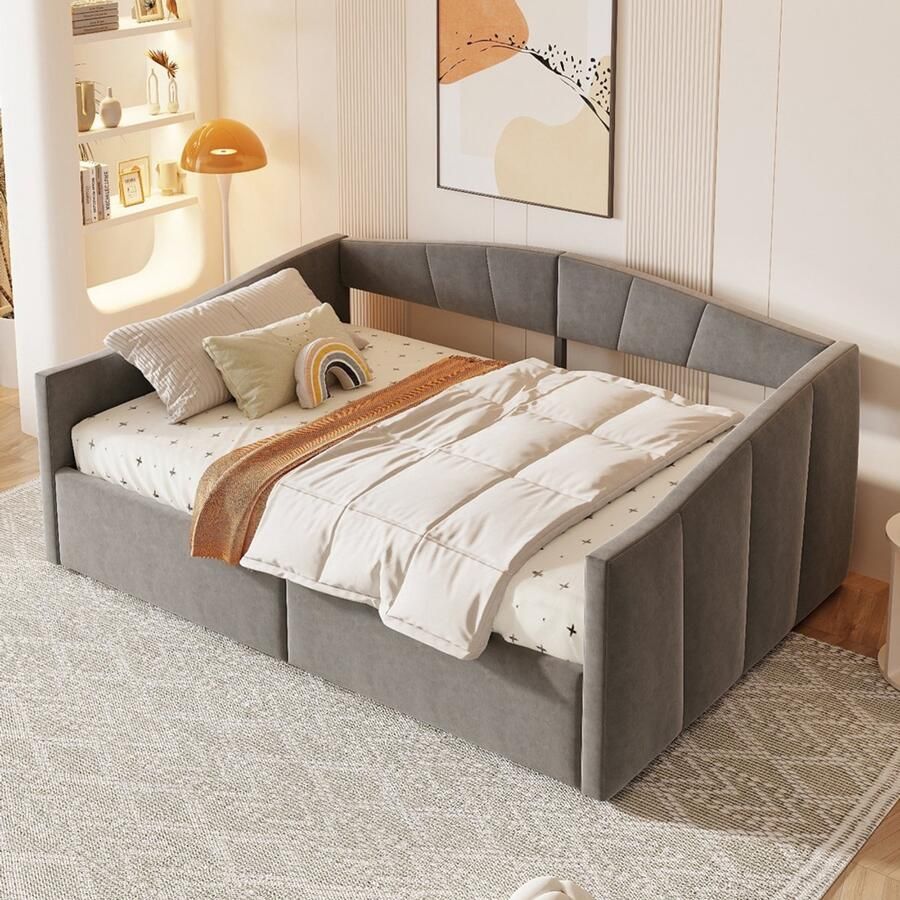 Pugsdrly Bepolsterte slaapbank 140*200 cm met hydraulische vering lattenbodem en armleuningen klassieke strepen multifunctioneel tweepersoonsbed huidvriendelijke fluweelstof grijs