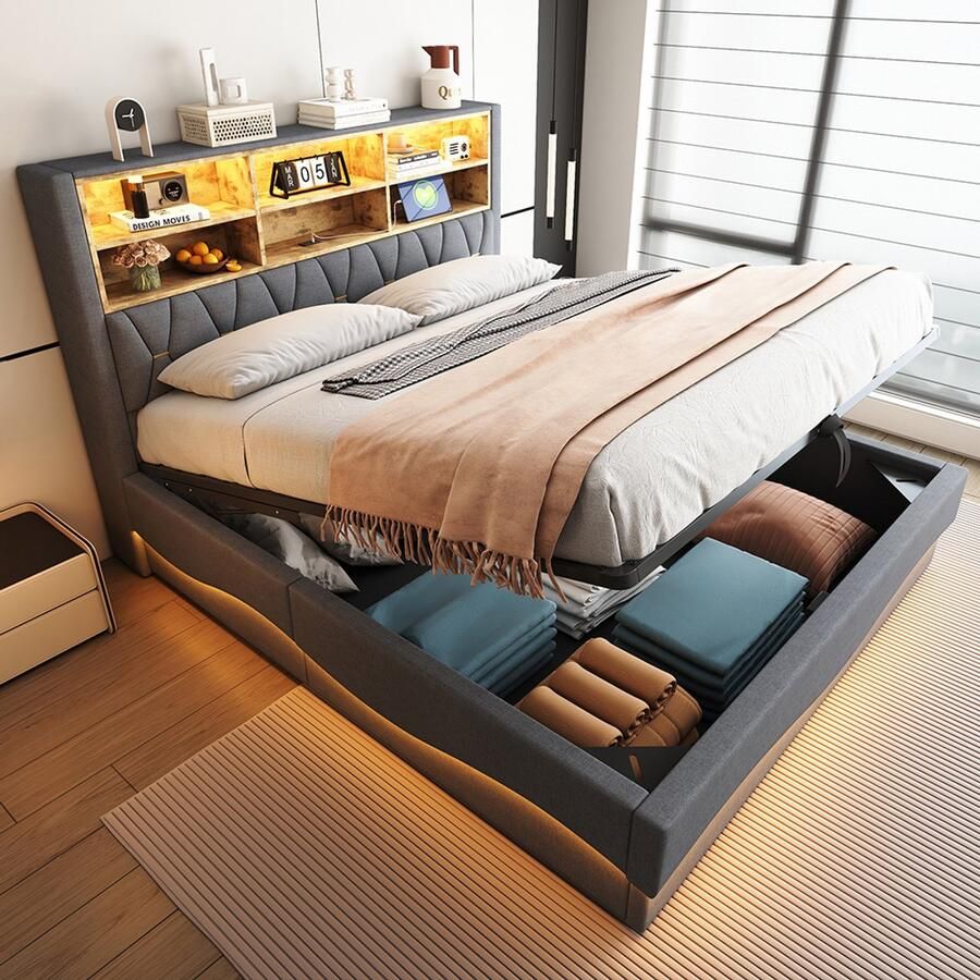 KOMHTOM Gestoffeerd bed 180 × 200 met hydraulische opbergruimte app-gestuurde led-lichtstrip USB-poort metalen lattenbodem grijze linnen bekleding