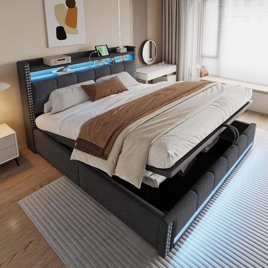 KOMHTOM Gestoffeerd bed 180*200 cm met ledverlichting en USB-aansluiting hoofdeinde met planken en opbergruimte met hydraulisch systeem voor opbergen tweepersoonsbed voor volwassenen grijze linnen stof