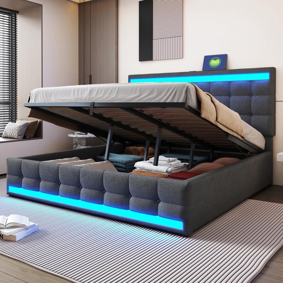 Pugsdrly Gestoffeerd be Gestoffeerd bed 180*200 Doppelbed met hydraulische opbergruimte USB en kleurveranderende LED-lichtstrip grijs Tweepersoonsbed van linnen