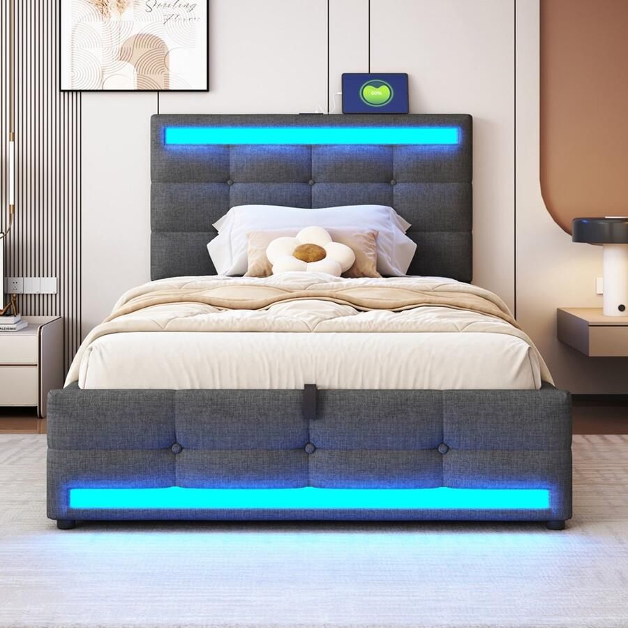 KOMHTOM Gestoffeerd bed 90*200 Hydraulisch kinderbed met opbergruimte USB en LED-lichtstrip met kleurwisseling eenpersoonsbed in linnen grijs