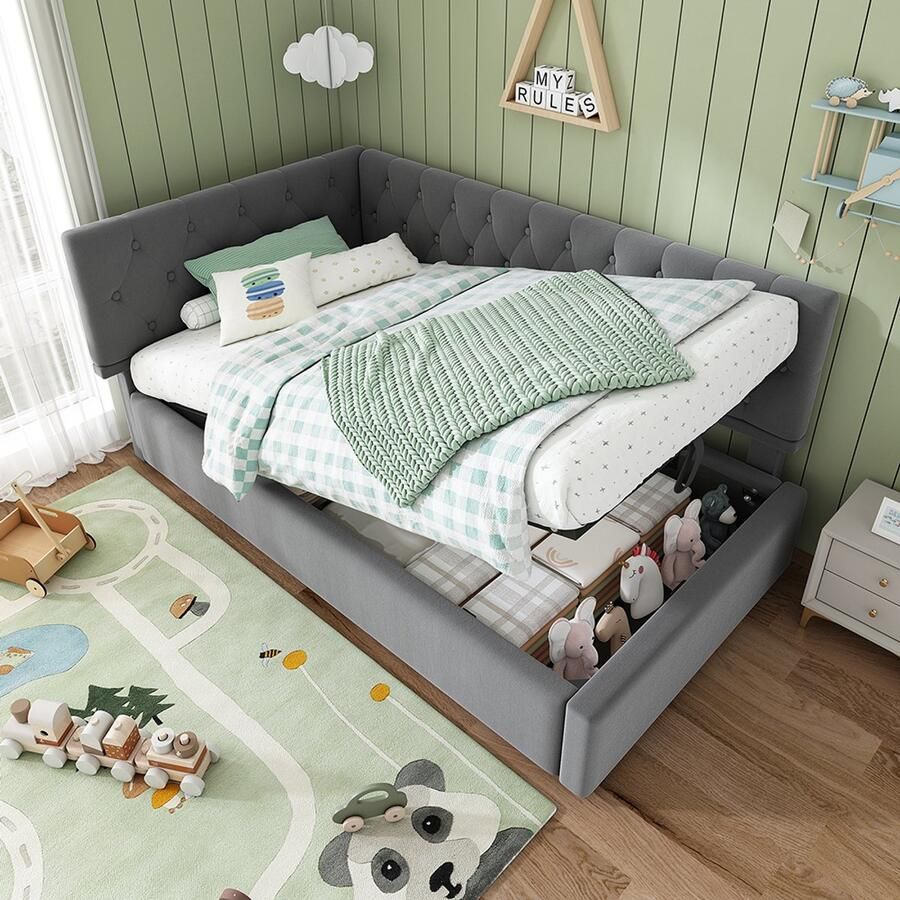 Pugsdrly Gestoffeerd bed daybed 90x200cm slaapbank met hydraulische opbergruimte kinderbed tienerbed bedframe met houten lattenbodem fluweel grijs zonder matras