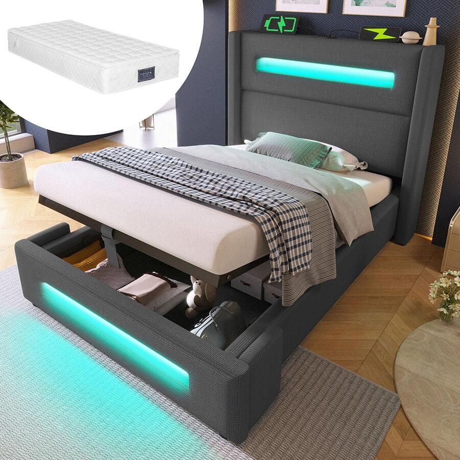 KOMHTOM Gestoffeerd eenpersoonsbed 90x200 cm bed voor tieners met LED-bed met hydraulische opbergruimte en USB Type-C-oplaadpunt metalen bedframe met houten latten in linnenkleur inclusief matras