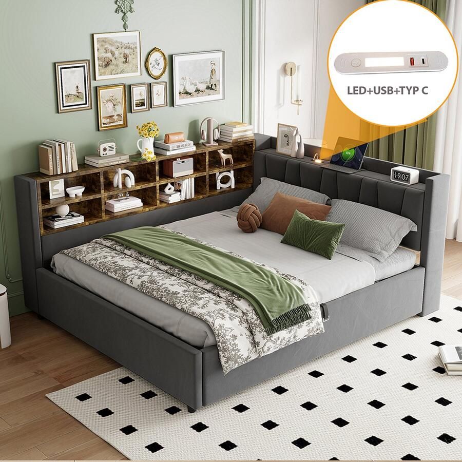 KOMHTOM Gestoffeerde slaapbank 140*200 cm met hydraulische opbergruimte nachtlampje USB-poort en oplaadpoort type C met legplanken en opbergvakken gestoffeerd hoofdeinde multifunctioneel bed in donkergrijs fluweel