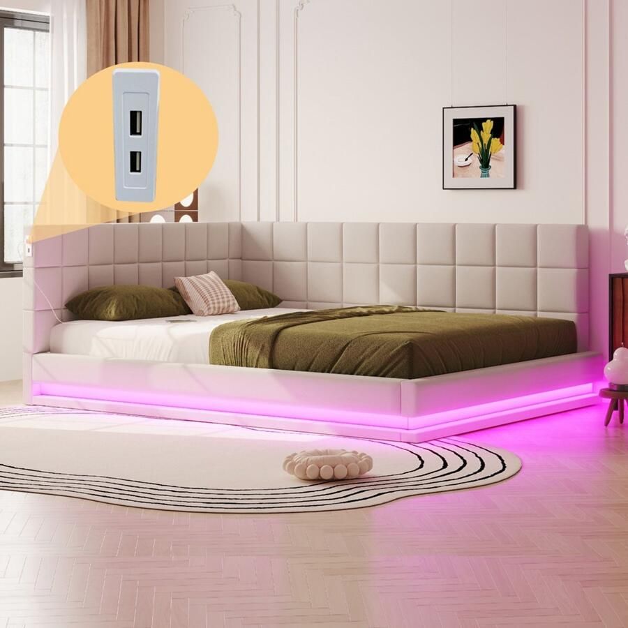 KOMHTOM Gestoffeerde slaapbank 160*200 Multifunctioneel bed met led-lichtstrip USB-aansluiting en lattenbodem aangenaam aanvoelende fluweelstof beige