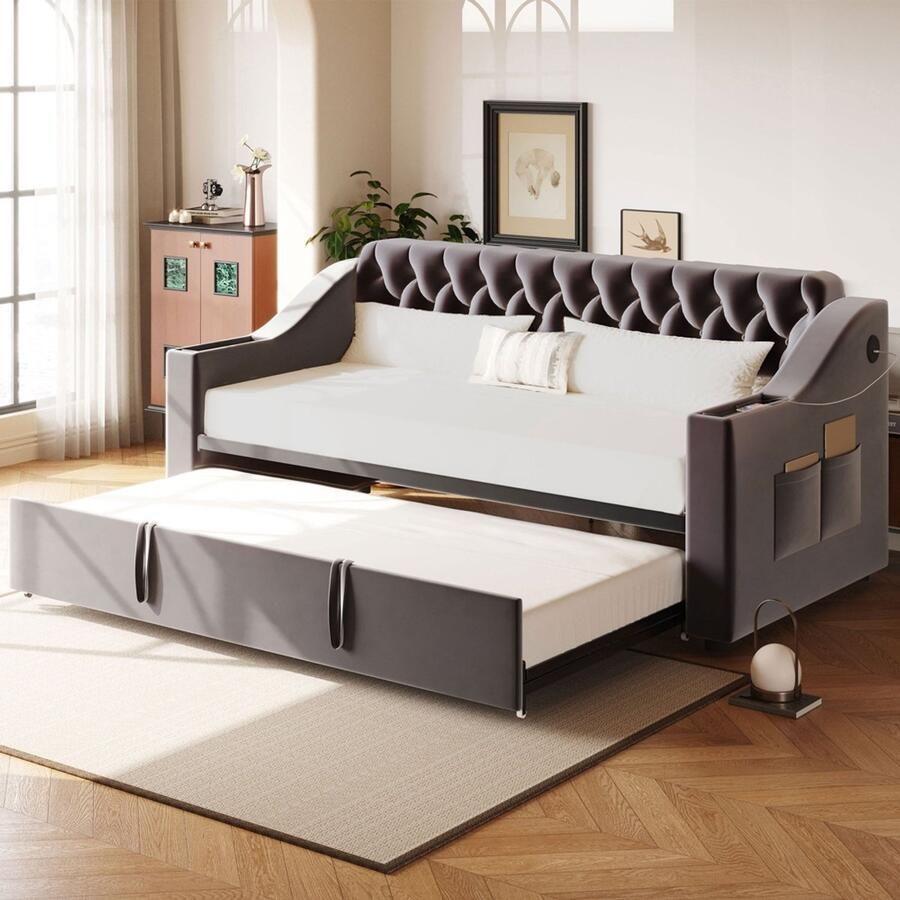 KOMHTOM Gestoffeerde slaapbank 90 180*190 cm bredere en dikkere armleuningen met USB-poort opbergruimte in de armleuningen met opbergvakken met lattenbodem fluweelstof donkergrijs