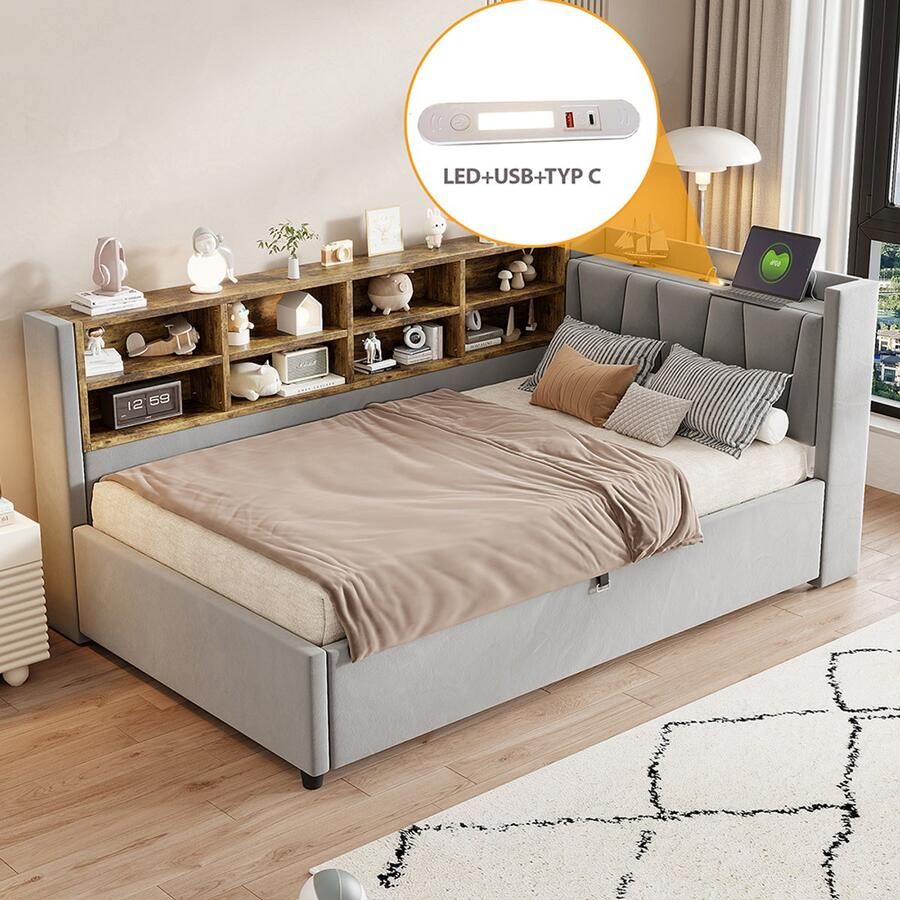KOMHTOM Gestoffeerde slaapbank 90*200 cm met hydraulische opbergruimte nachtlampje USB- en Type-C-poorten met opbergvakken en opbergcompartimenten gestoffeerd hoofdeinde multifunctioneel bed fluweelstof lichtgrijs