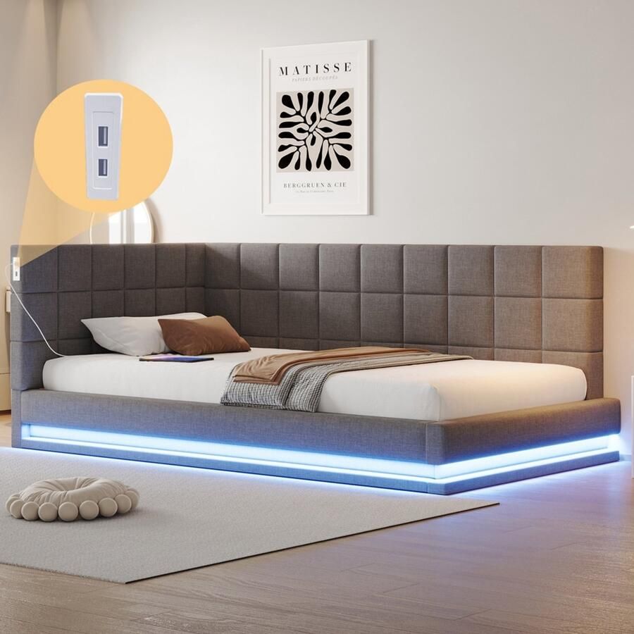 KOMHTOM Gestoffeerde slaapbank 90*200 Multifunctioneel bed met led-lichtstrip USB-aansluiting en lattenbodem aangenaam aanvoelende grijze fluweelstof