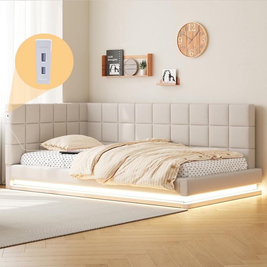 KOMHTOM Gestoffeerde slaapbank 90*200 Multifunctioneel bed met led-lichtstrip USB-aansluiting en lattenbodem aangenaam aanvoelende fluweelstof beige