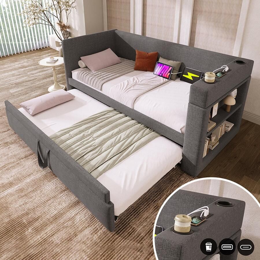 KOMHTOM Gestoffeerde slaapbank 90x190 cm eenpersoonsslaapbank met uitschuifbed armleuningen met USB- en Type-C-oplaadpoorten en bekerhouders gemengd linnen grijs zonder matras