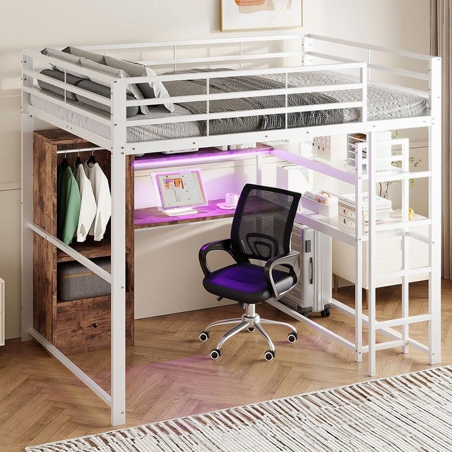 KOMHTOM Hoogslaper 140 x 200 cm metalen bed met ledlampjes bureau 1 lade planken veiligheidshekjes trap zonder matras wit