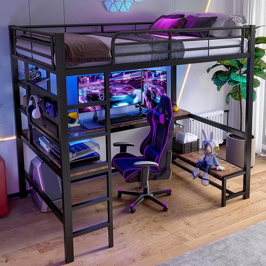 KOMHTOM Hoogslaper 90 x 200 cm ijzeren frame bureau veiligheidshek ladder opbergmogelijkheden met USB-aansluiting + type C met ledstrip met geperforeerd paneel zonder matras zwart