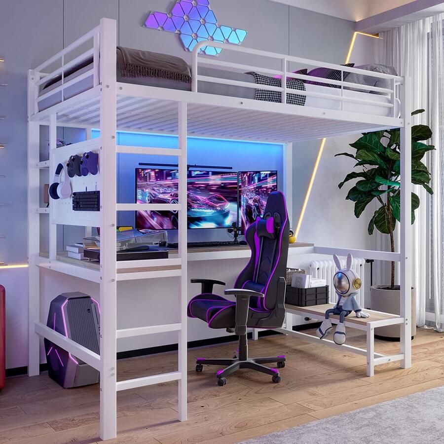 KOMHTOM Hoogslaper 90 x 200 cm ijzeren frame bureau veiligheidshek ladder opbergruimtes met USB-aansluiting + type C met LED-strip met geperforeerd paneel zonder matras wit