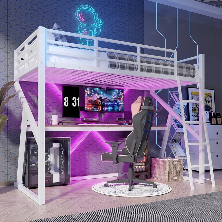 KOMHTOM Hoogslaper 90 x 200 cm ijzeren frame ledstrip veiligheidshek ladder bureau zonder matras wit