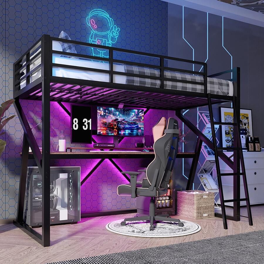 KOMHTOM Hoogslaper 90 x 200 cm ijzeren frame ledstrip veiligheidshek ladder bureau zonder matras zwart