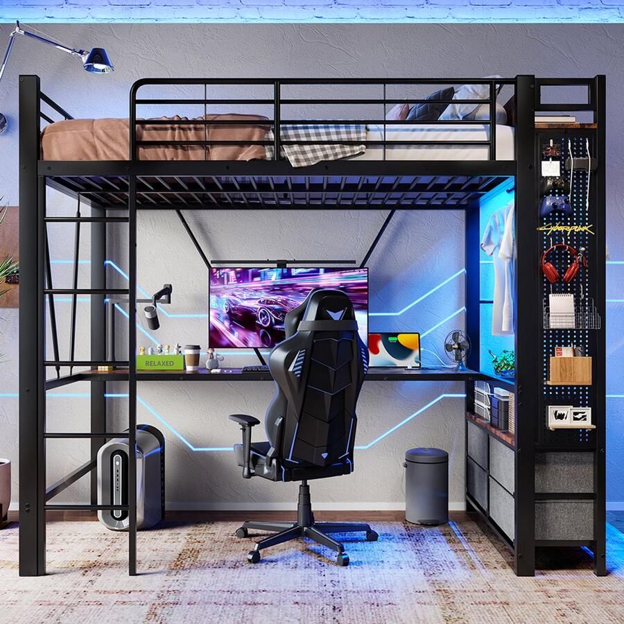 KOMHTOM Hoogslaper 90 x 200 cm ijzeren frame met bureau met droogrek met planken 4 lades met USB-aansluiting + TYPE-C LED-strip leuning ladder met plank met gaten zonder matras zwart