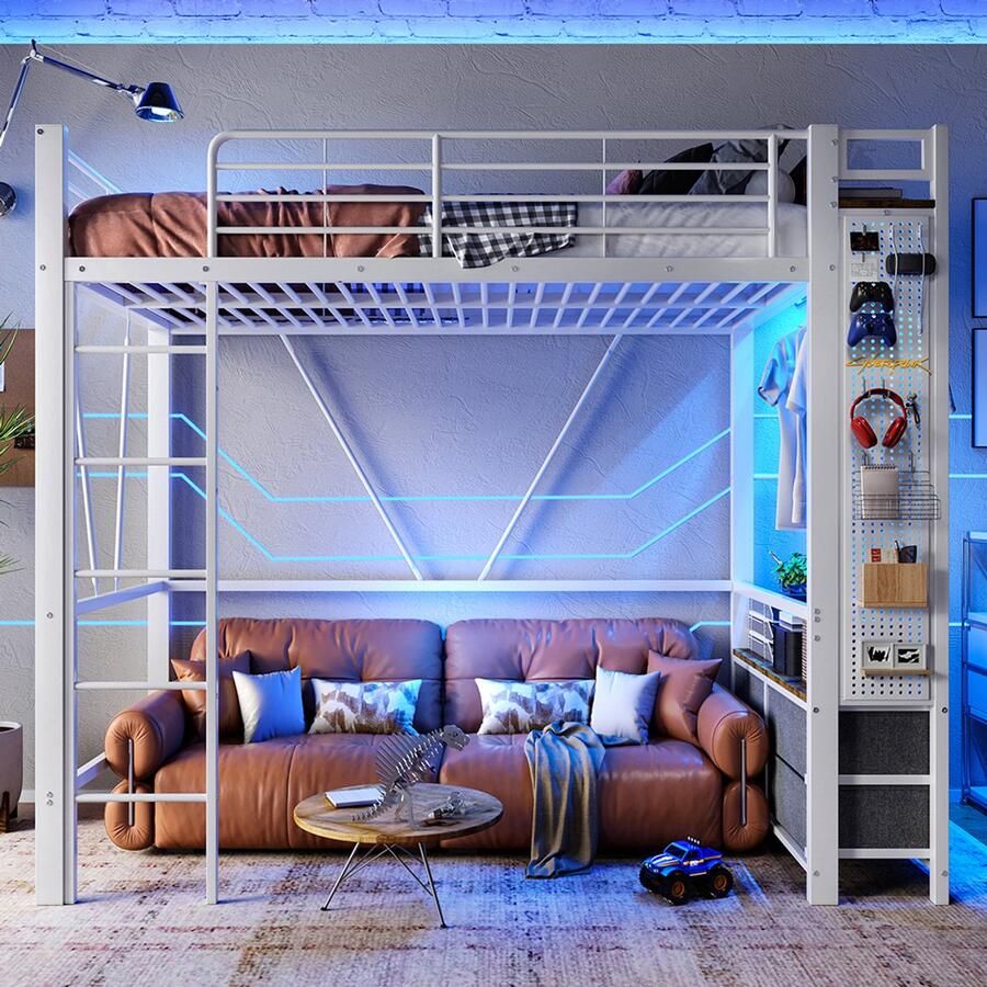 KOMHTOM Hoogslaper 90 x 200 cm ijzeren frame met droogrek met planken 4 lades met USB+TYPE-C-aansluiting ledstrip veiligheidshek ladder met plank met gaten zonder matras wit