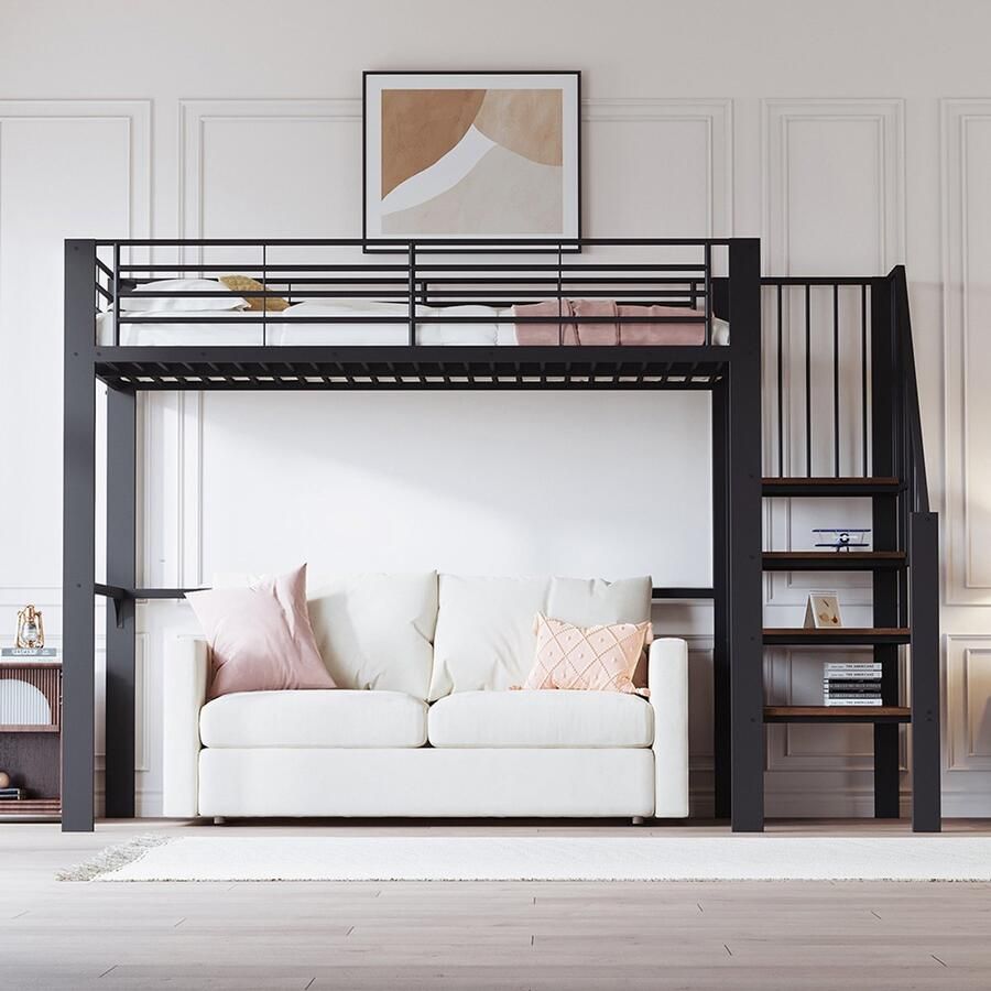 KOMHTOM Hoogslaper 90 x 200 Stabiel metalen frame met ruime opbergruimte onder het bed en trap Ideaal voor kinderen en volwassenen Bed met opbergruimte voor maximale ruimtebenutting