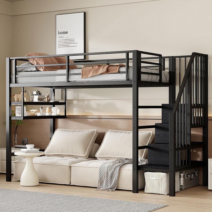 KOMHTOM Hoogslaper 90*200 cm planken opbergladder vrije ruimte onder het bed om te kleden veiligheidshek zonder matras zwart