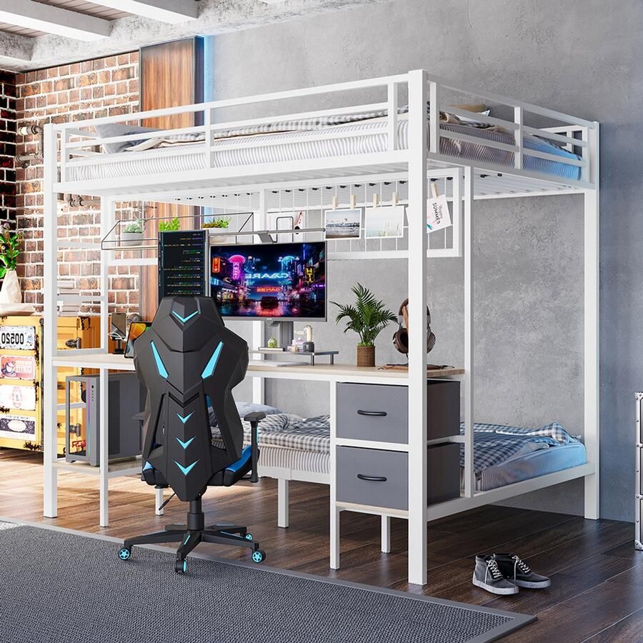 Pugsdrly Hoogslaper 90*200 en 140*200 ijzeren frame lades planken voor opbergruimte rooster om spullen op te hangen bureau met 7-kleurige ledstrip USB-poort zonder matras wit