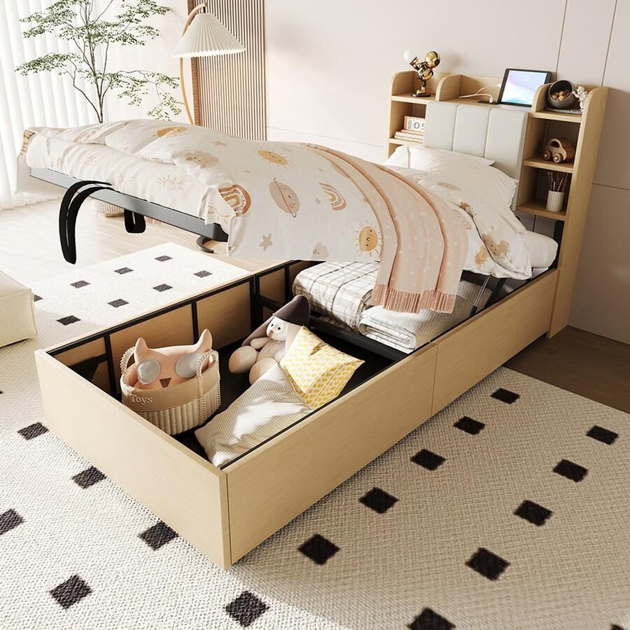 KOMHTOM Houten bed 90 x 200 cm hydraulisch bed hoofdeinde met opbergruimte voorzien van een USB-aansluiting en een C-Tape-aansluiting eenpersoonsbed tienerbed houtkleur (zonder matras)