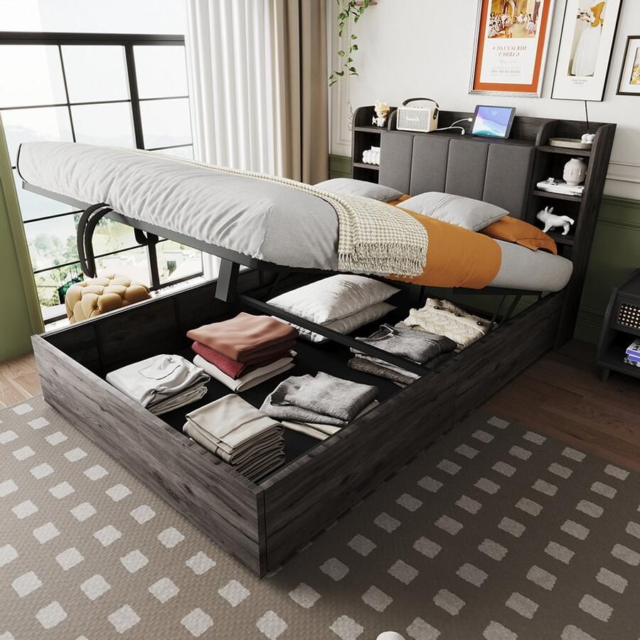 Pugsdrly Houten bed afmetingen 140 x 200 cm hydraulisch bed hoofdeinde met opbergruimte voorzien van een USB-aansluiting en een C-Tape-aansluiting tweepersoonsbed eenpersoonsbed grijs (zonder matras)