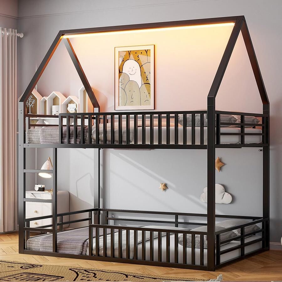 Pugsdrly Huisvormig stapelbed 140x200 met veiligheidshek en ledverlichting zwart