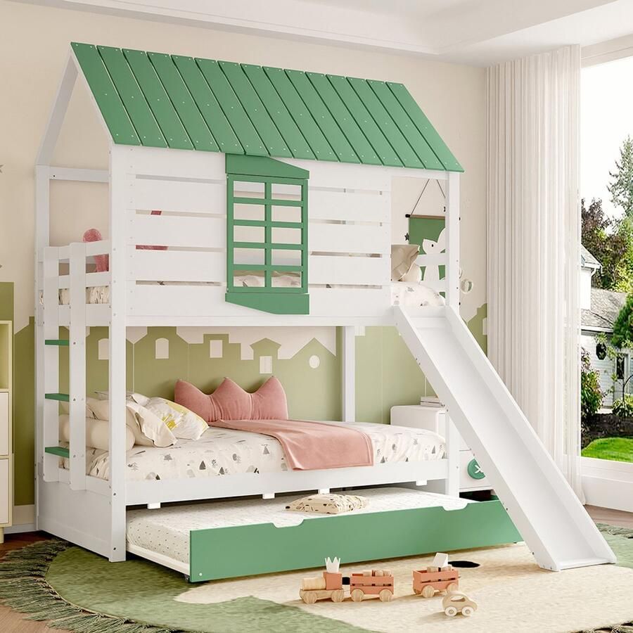 KOMHTOM Huisvormig stapelbed 90 x 200 met glijbaan en uitschuifbaar bed wit + groen