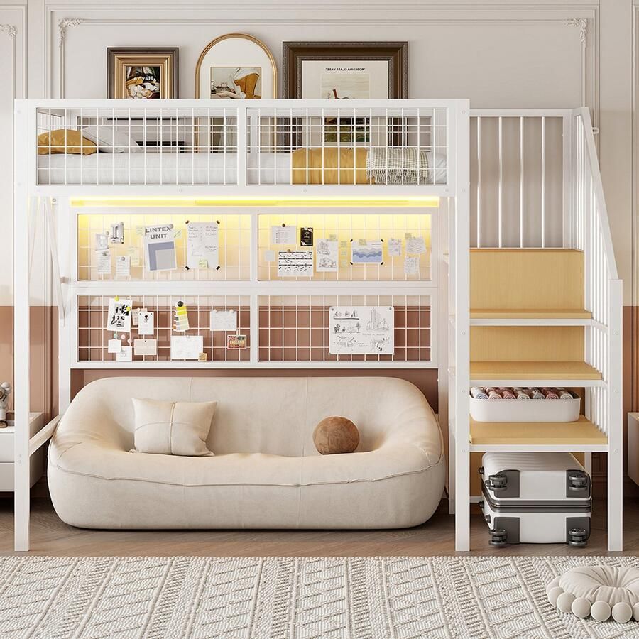 KOMHTOM IJzeren bed stapelbed hoogslaper 90*200 geschikt voor kinderen en tieners Veelzijdige metalen hoogslaper met app-gestuurde led-lichtbalken trap met opbergruimte open kast Zwart Wit