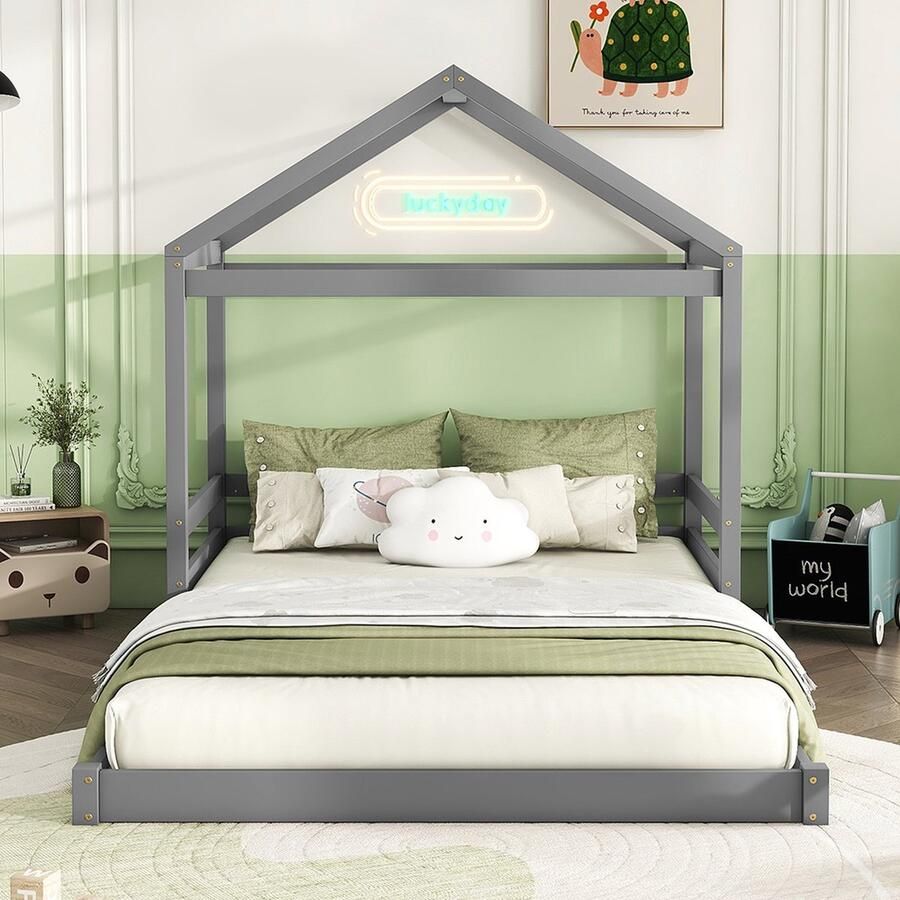 KOMHTOM Kajuitbed Kinderbed 140 x 200 cm Huisvorm Grenen hout Lattenbodem Grijs