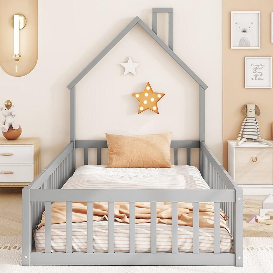 KOMHTOM Kajuitbed Kinderbed 90 x 200 cm hout Lattenbodem Grenen met beschermend hekwerk Grijs