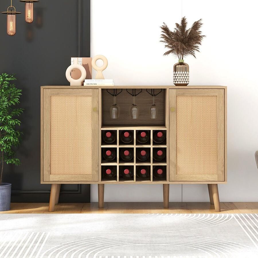 KOMHTOM Kast Dressoir Houten legplank 120 cm lang 2 rotan deuren met verstelbare tussenschotten