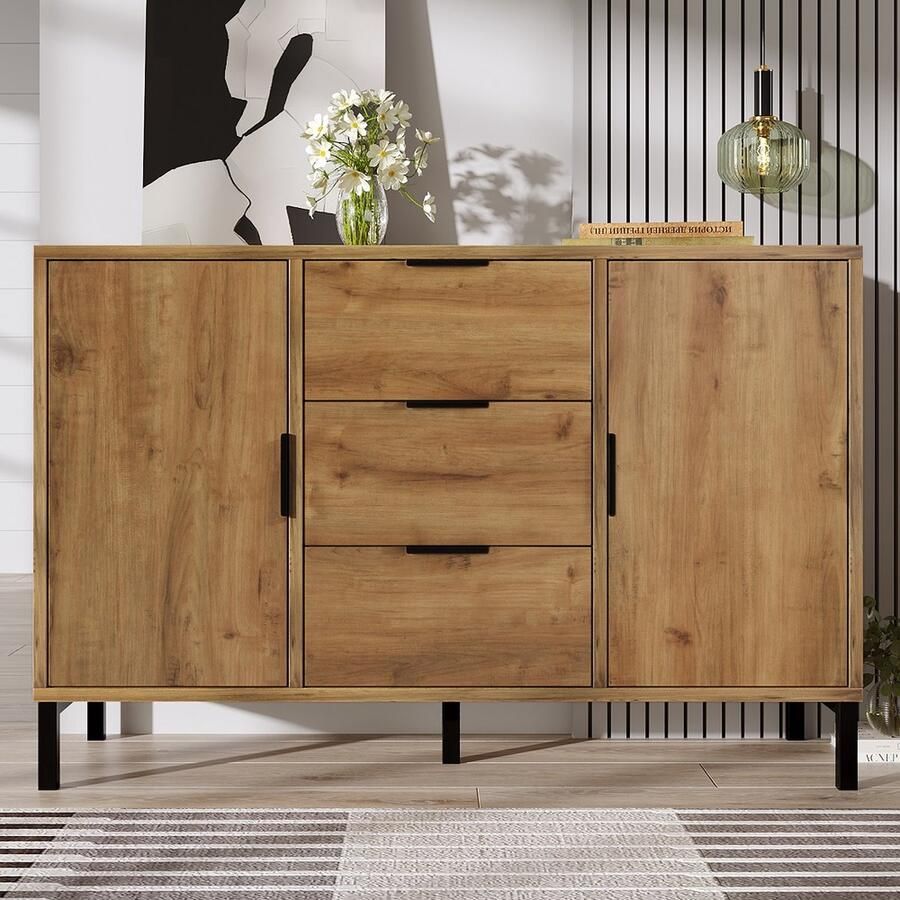 KOMHTOM Kast Dressoir Ladekast met 2 deuren en 3 laden verstelbare plank voor slaapkamer Salontafel Naturel